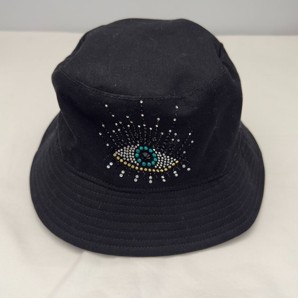 Kurt Geiger London Embellished Evil Eye Bucket Hat 100% Cotton Black NWT